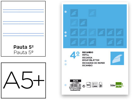 Recambio Liderpapel 4º 100h 60g/m² pauta 2,5mm. con margen 6 taladros